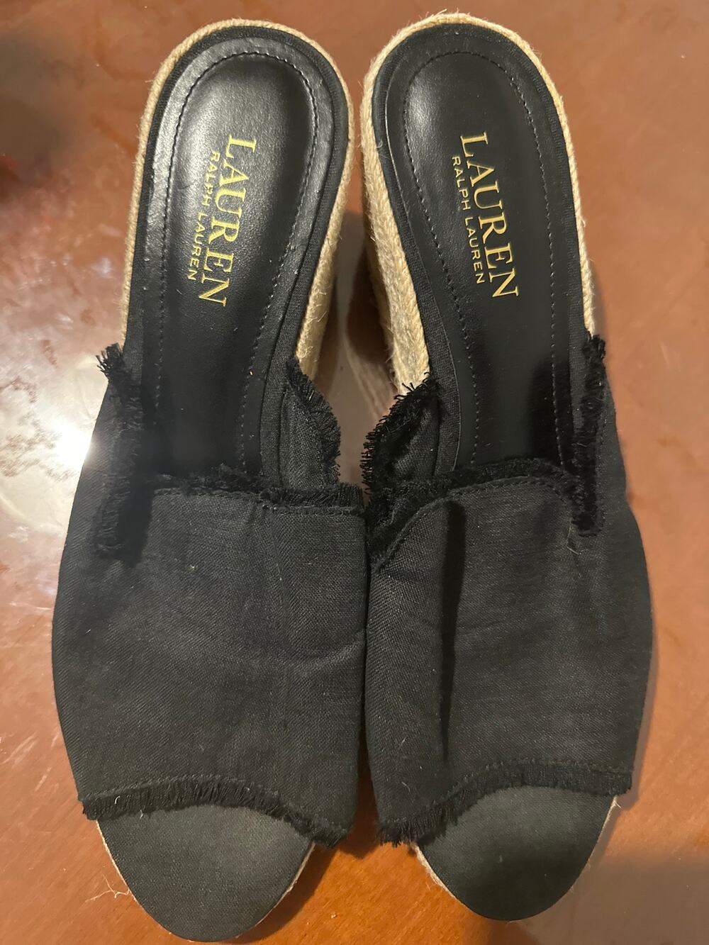 Lauren Ralph Lauren Black Canvas Espadrille Wedge Mules Size 9.5